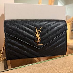 Black YSL pebbled leather wallet on chain